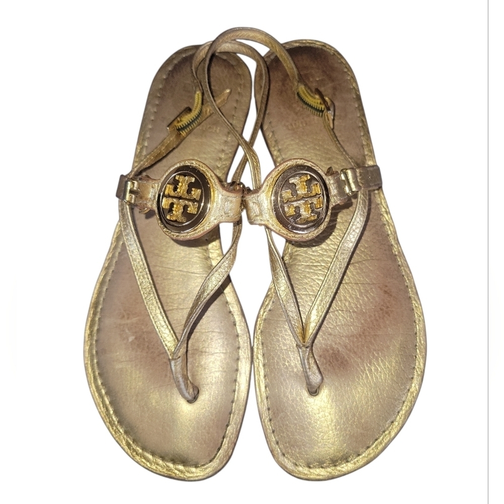 Tory Burch Women's Equestrain Gold Metallic Sumner Thong Flat Leather Sandals 7